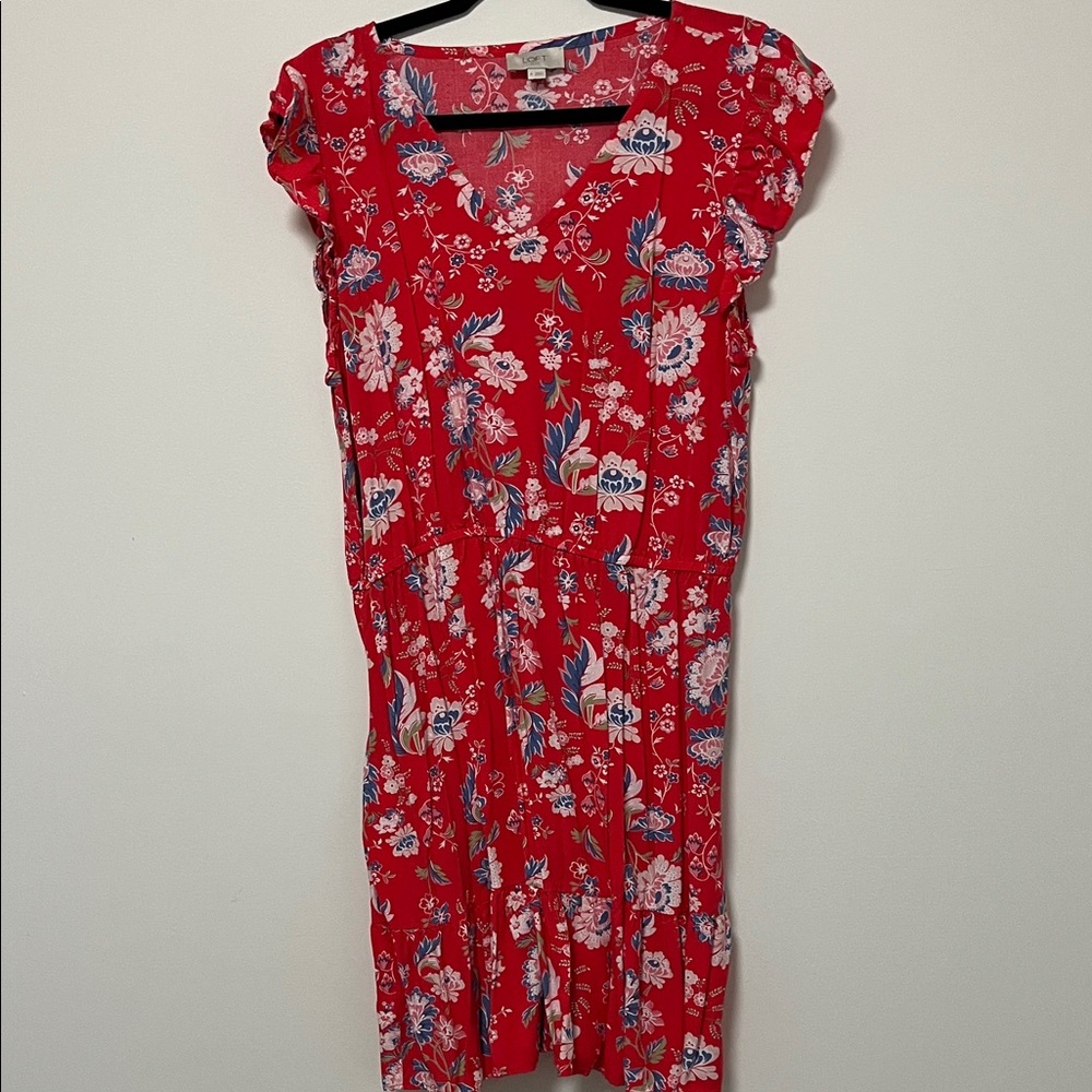 LOFT Red and Blue Floral Midi Dress